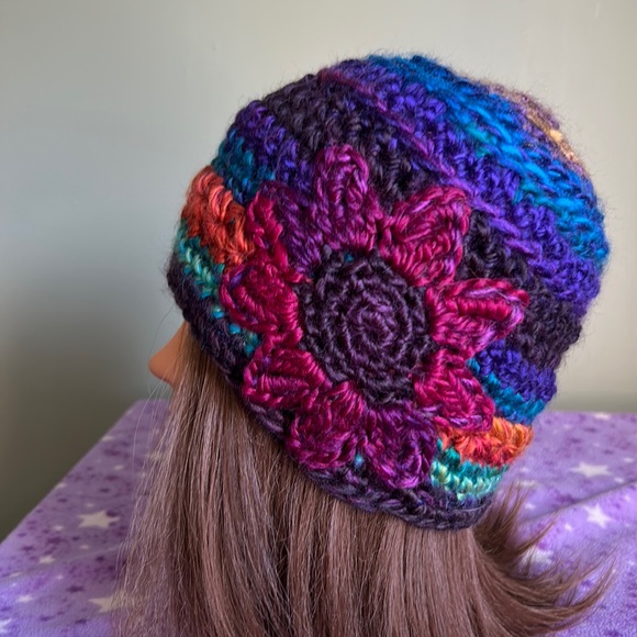 bohemian Accessories - Crochet satin flower beanie medium new